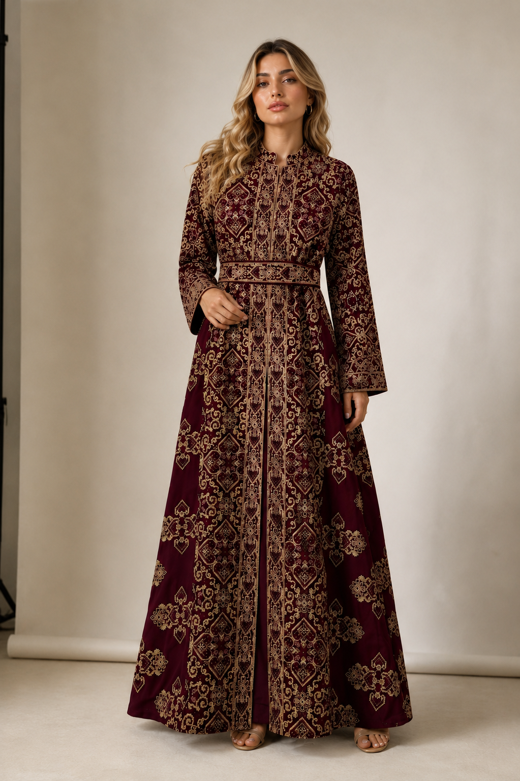 Royal Burgundy Embroidered Palestinian Abaya