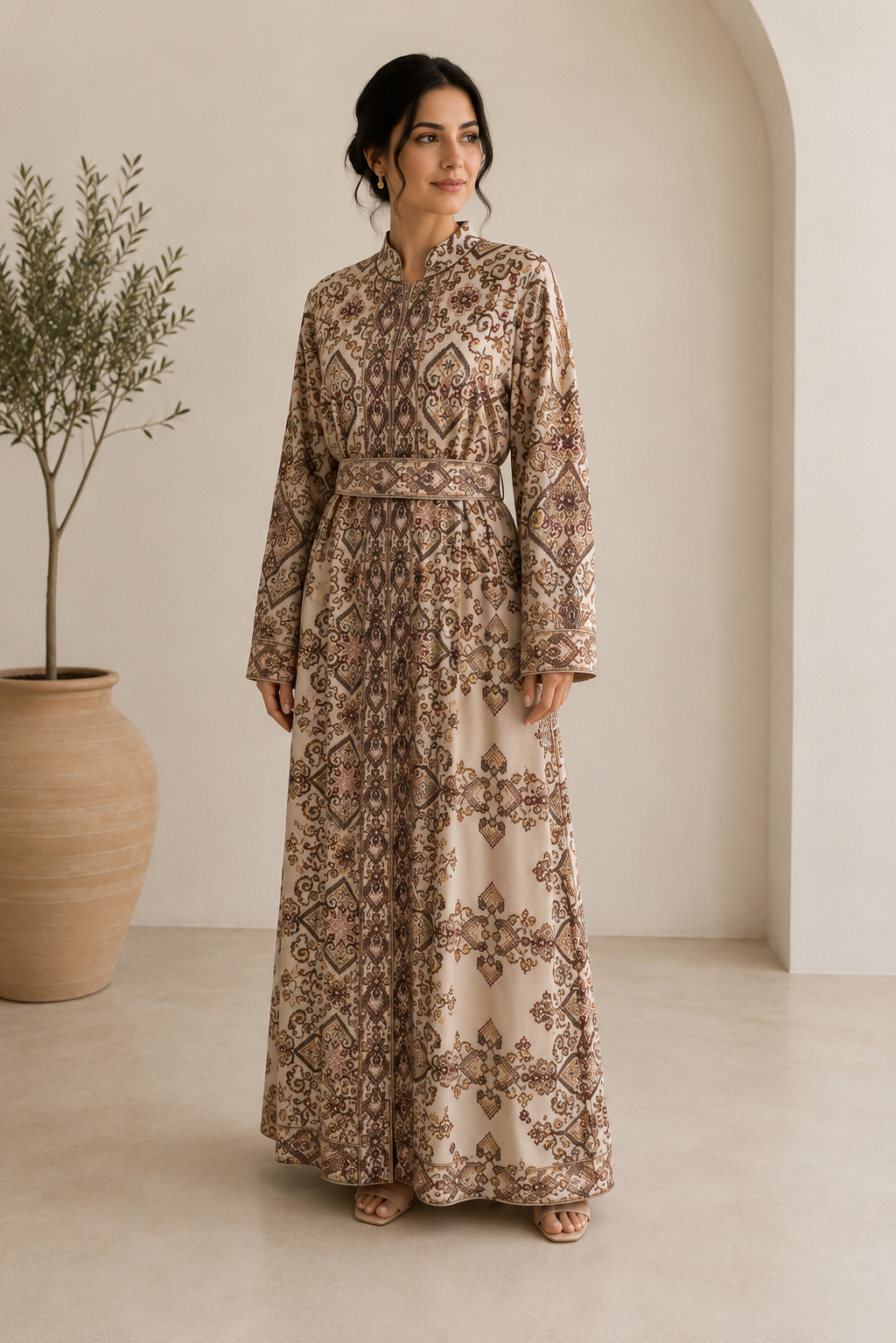 Cream and Multi Color Embroidered Palestinian Abaya