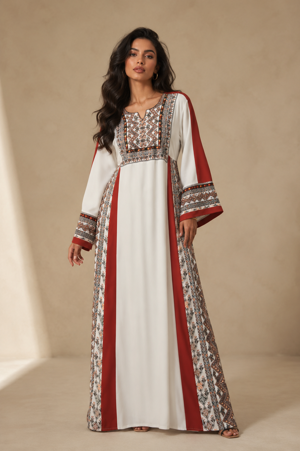 White and Orange Embroidered Palestinian Abaya