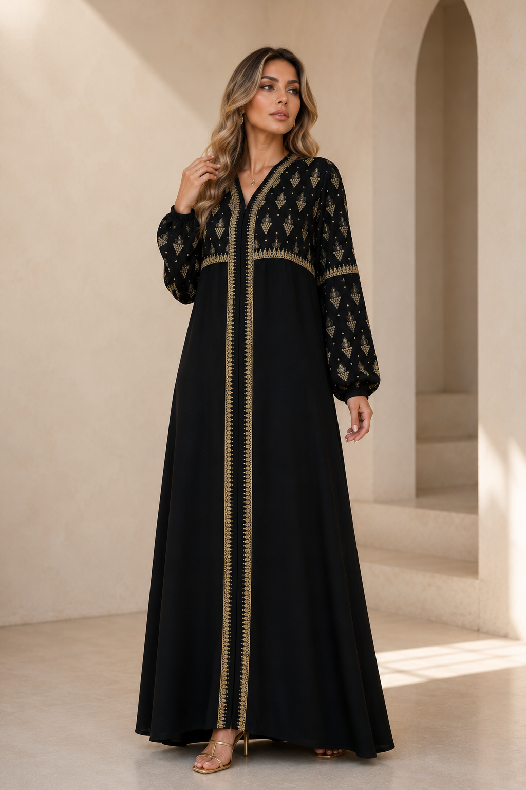 Midnight Noir and Gold and Green Leaf Embroidered Abaya