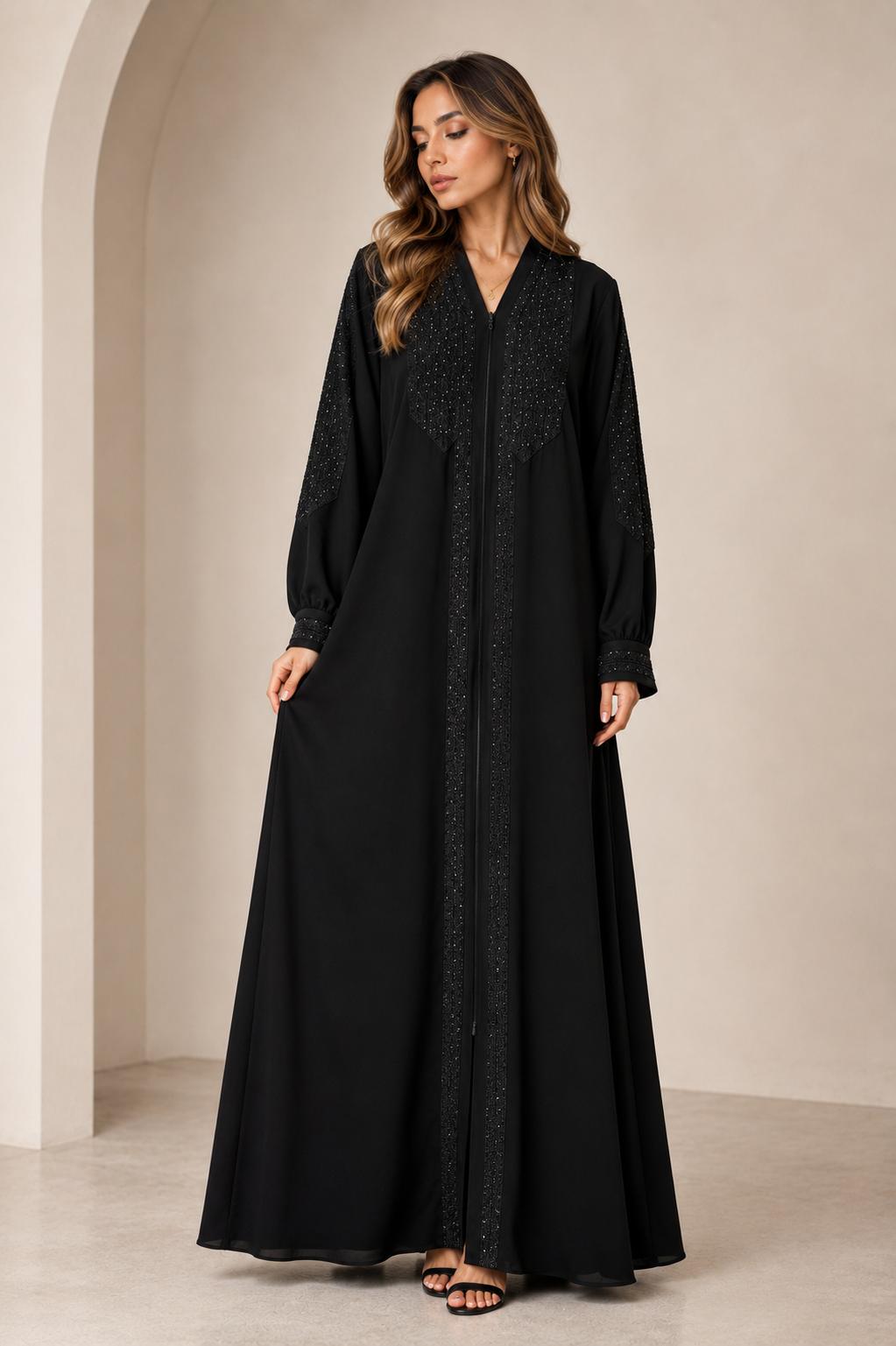 Black Sequin and Embroidered Noir Abaya