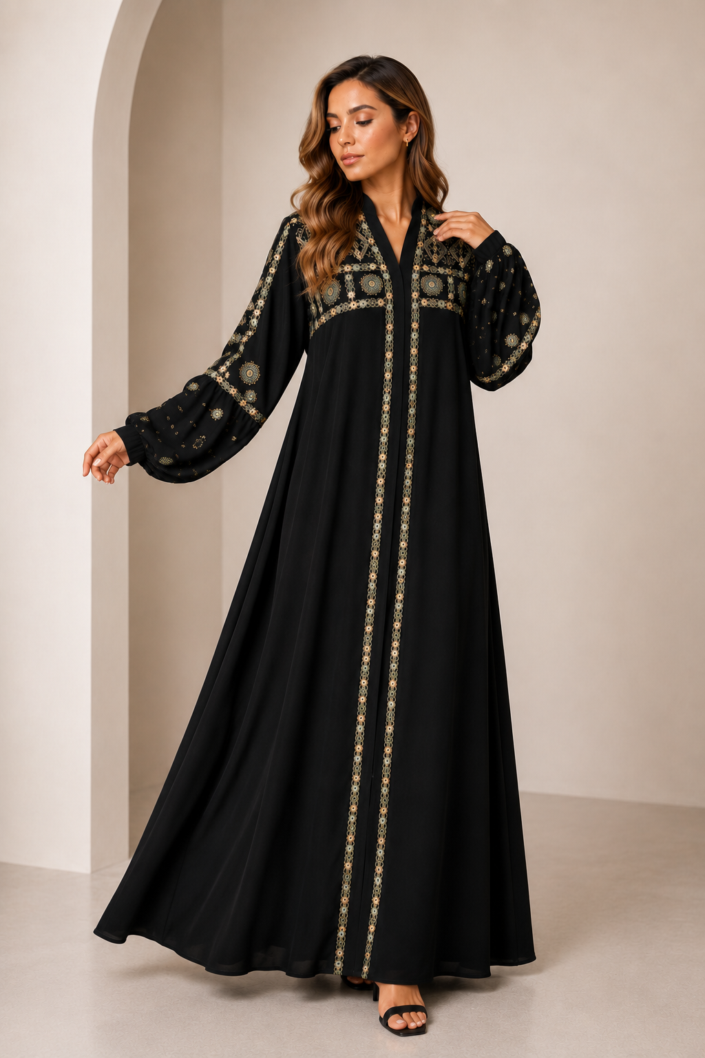 Green and Gold Embroidered Noir Abaya