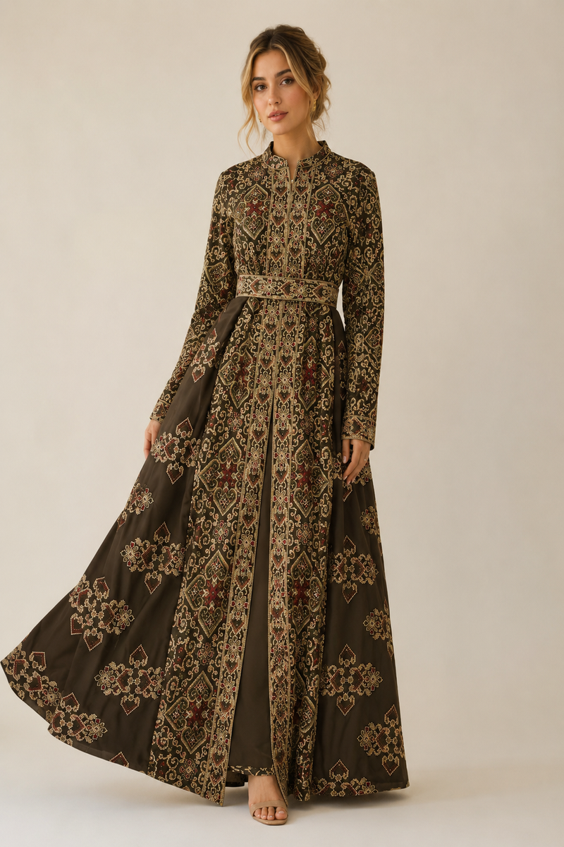 Olive with Gold Embroidered Palestinian Abaya