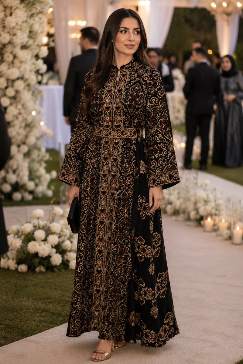 Black with Gold Embroidered Palestinian Abaya