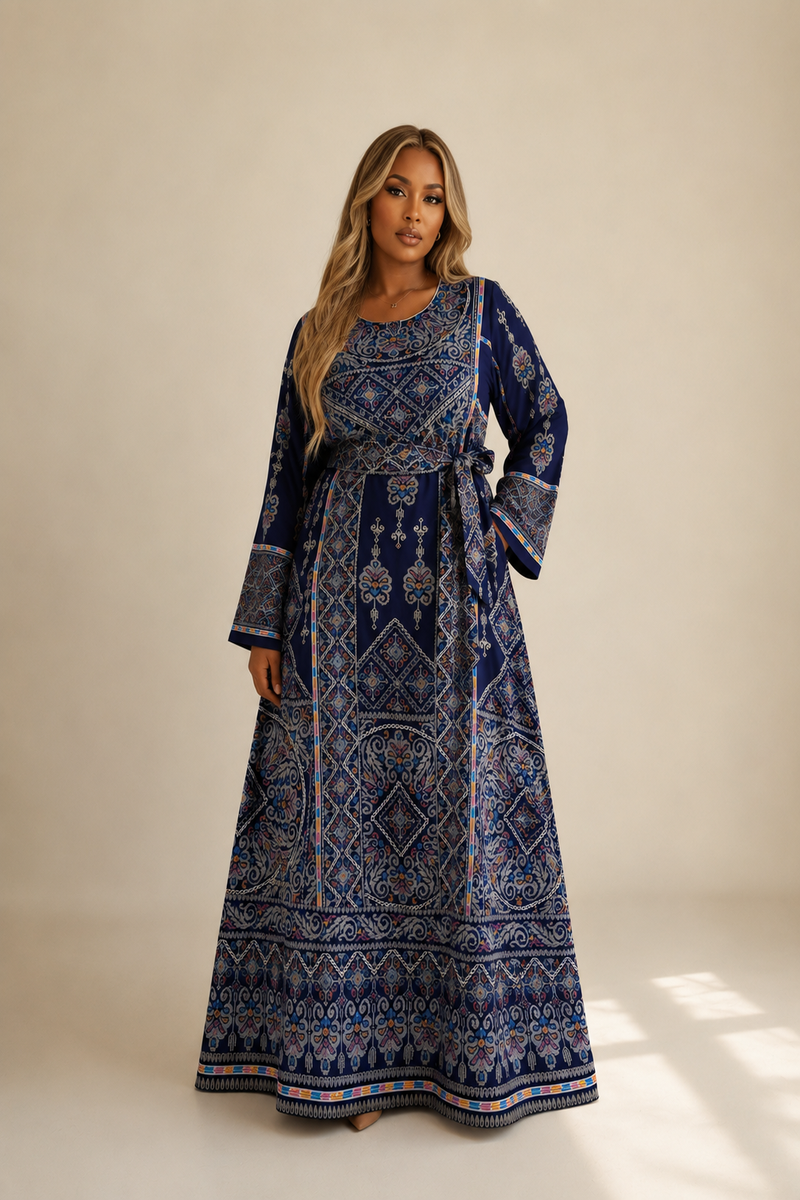 Blue with Multi Color Embroidered Palestinian Abaya